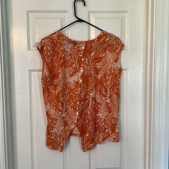 Women’s Tahari Cap Sleeve Linen Top Orange Floral Print Size M Button Back - Picture 2 of 10